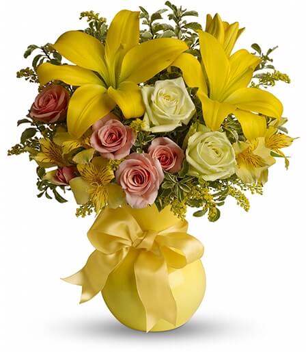 Amber Glow and Emerald Rose Arrangement with green roses and yellow lilies for State College get well and graduation delivery