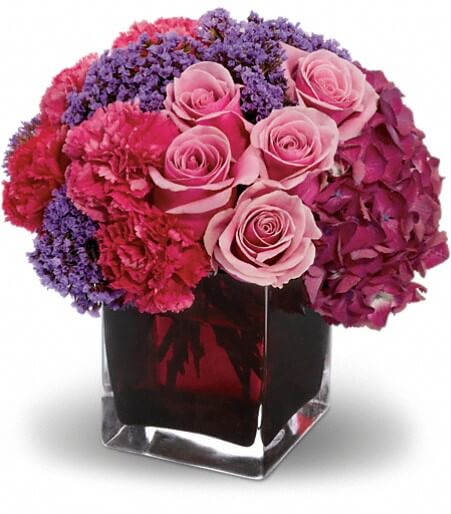 Amethyst Enchantment and Pink Hydrangea Cube with pink roses and lavender statice for State College anniversary and romance delivery
