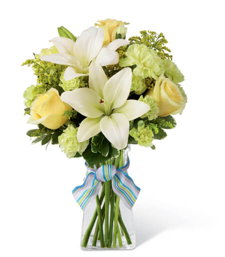 Azure Skies and Sunshine Arrangement with yellow roses and white lilies for State College new baby and graduation delivery