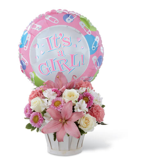 Blossoming Grace Garden Basket with pink and white roses for State College new baby and graduation delivery