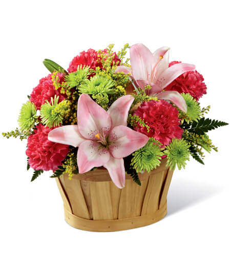 Blush Garden Lily Basket with pink Asiatic lilies and hot pink roses for State College get well and graduation delivery