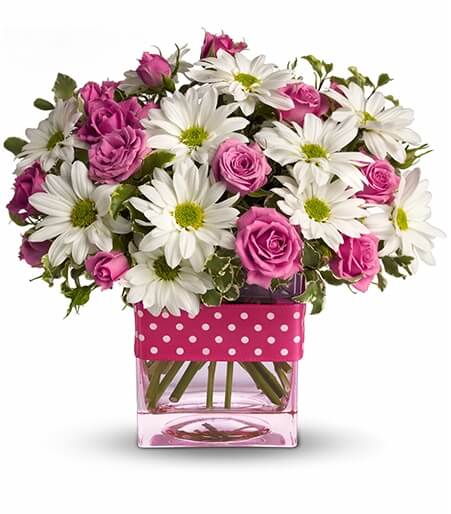 Blush and Polka Dot Artisan Vase with pink spray roses and white daisies for State College graduation and thinking-of-you delivery