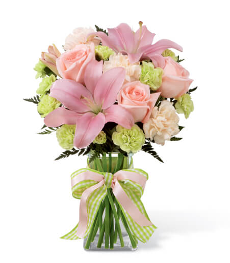 Blushing Petals and Peach Arrangement with pink roses and lilies for State College new baby and graduation delivery