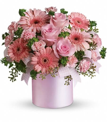 Blushing Rose & Gerbera Arrangement with pink roses and miniature gerberas for State College anniversary and graduation delivery