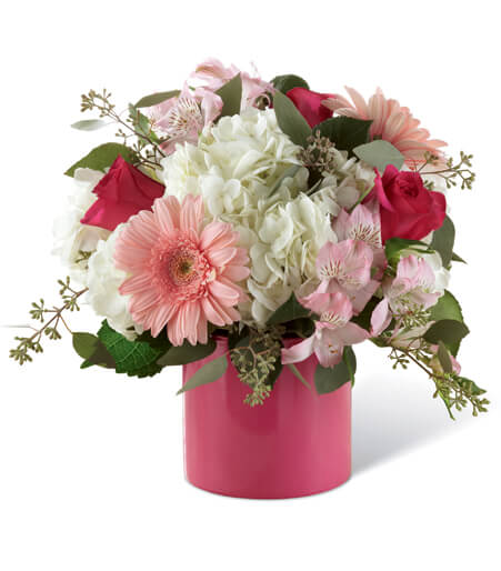 Blushing Velvet and Hydrangea Vase with hot pink roses and white hydrangeas for State College graduation and new baby delivery