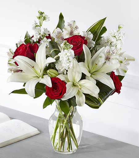 Crimson & Cloud Memorial Arrangement with red roses and white lilies for State College sympathy and funeral delivery