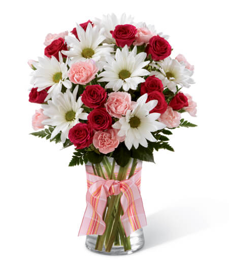 Fuchsia & Frost Garden Arrangement with fuchsia spray roses and white daisies for State College anniversary and graduation delivery