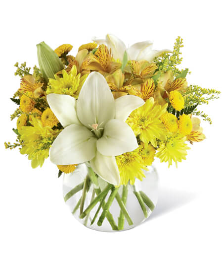 Golden Hour Lily Bubble Vase with white Asiatic lilies and yellow chrysanthemums for State College graduation and get well delivery