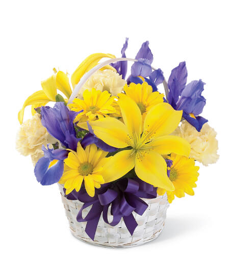 Golden Meadows Basket Arrangement with yellow lilies and purple iris for State College graduation and birthday delivery