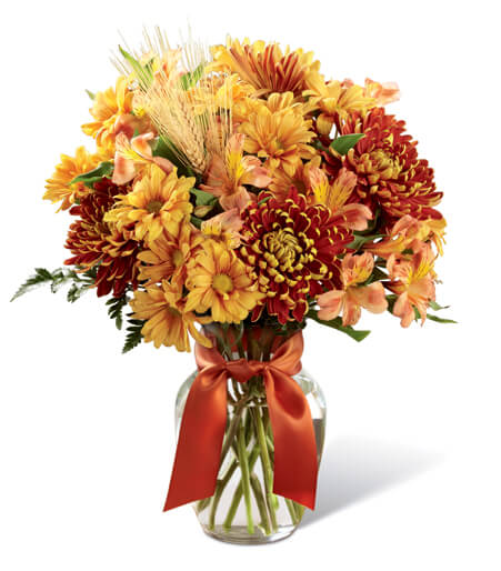 Harvest Gold and Peruvian Lily Meadow with orange lilies and bronze mums for State College graduation and thinking-of-you delivery