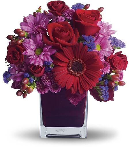Jewel-Toned Romance Arrangement with red roses and purple gerberas for State College graduation and anniversary delivery