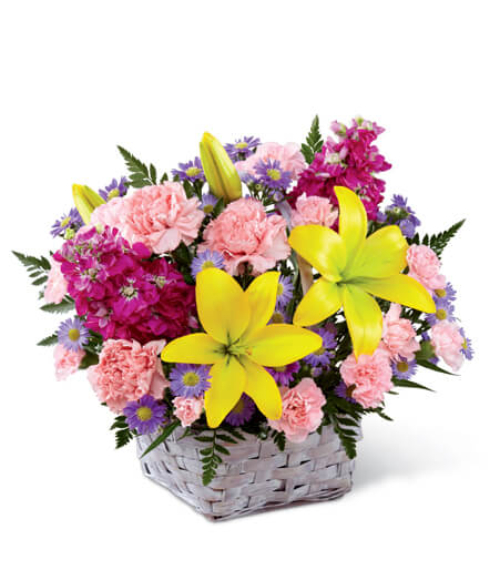 Lavender Fields and Sunbeam Basket with pink roses and yellow lilies for State College graduation and thinking-of-you delivery