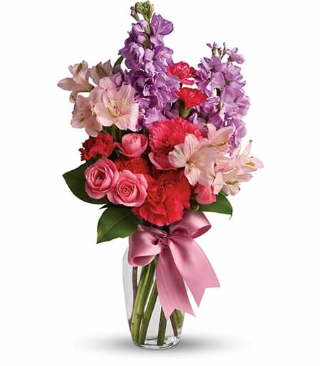 Pink Radiance Romance Arrangement with pink spray roses and lavender stock for State College graduation and anniversary delivery