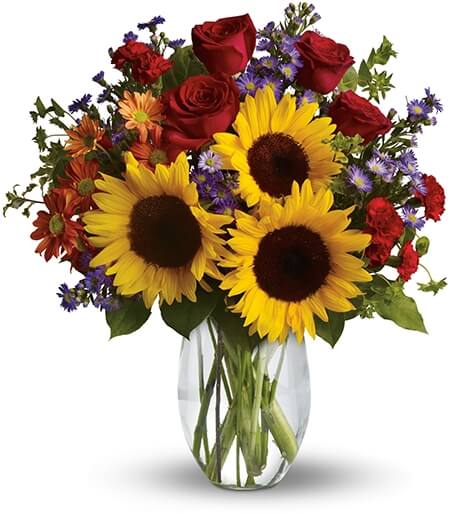 Radiant Smile and Sunflower Artisan Vase with red roses and lavender asters for State College birthday and thinking-of-you delivery
