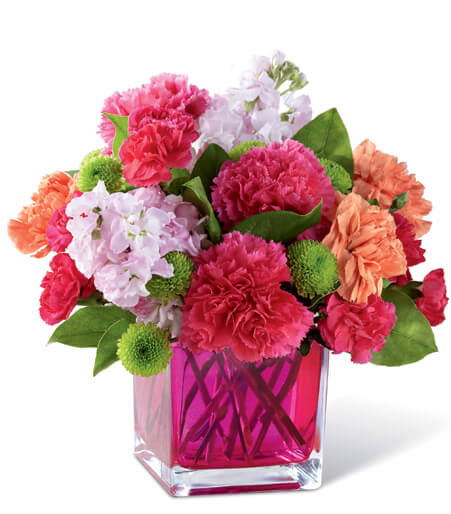Raspberry Radiance & Rose Arrangement with orange roses and hot pink carnations for State College graduation and thinking-of-you delivery
