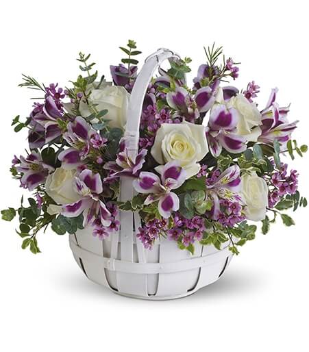 Serene Grace Basket Arrangement with white roses and purple alstroemeria for State College sympathy and funeral delivery