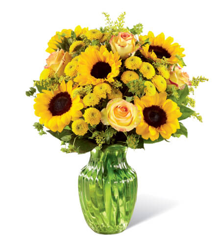 Solar Flare Artisan Sunflower Vase with mini sunflowers and yellow roses for State College birthday and thank-you delivery