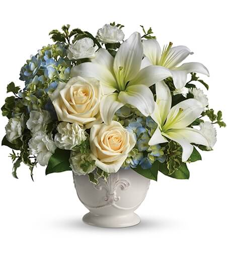 Soothing Skies Memorial Arrangement with blue hydrangea and white roses for State College sympathy and funeral delivery