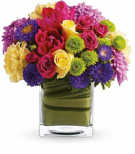 Spring Serendipity & Tulip Cube with yellow roses and hot pink tulips for State College graduation and Mothers Day delivery