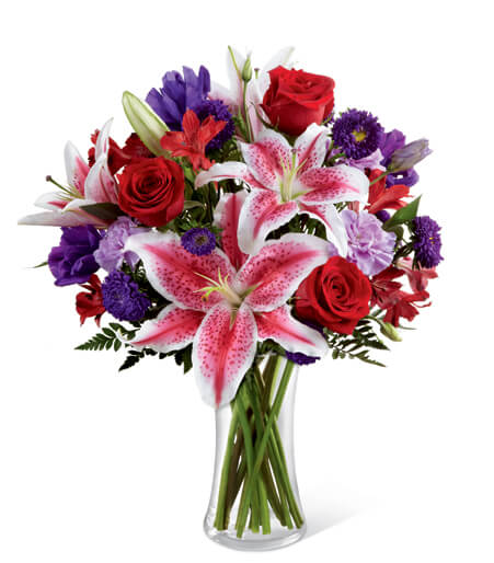 Stargazer Romance and Velvet Petals Vase with red roses and fragrant lilies for State College anniversary and luxury delivery