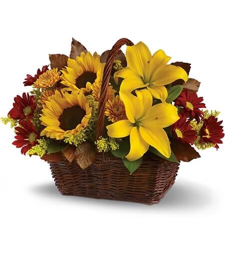 Sun-Kissed Meadow and Gold Lily Basket with sunflowers and burgundy chrysanthemums for State College birthday and get-well delivery