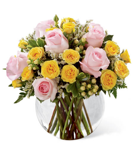 Sunlit Serenity Rose Arrangement with pink and yellow roses for State College new baby and graduation delivery