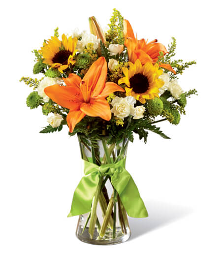 Sunlit Valley Meadow Vase with mini sunflowers and orange Asiatic lilies for State College graduation and thinking-of-you delivery