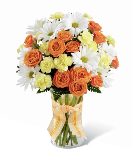 Sunny Radiance Floral Arrangement with orange roses and yellow carnations for State College birthday and graduation delivery
