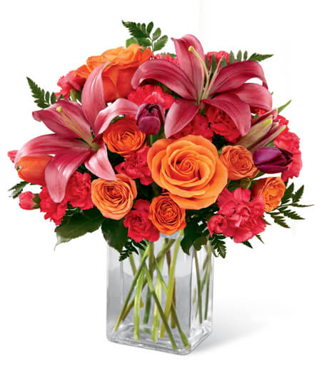 Sunset Horizon & Velvet Tulip Vase with orange roses and purple tulips for State College graduation and anniversary delivery