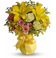 Amber Glow and Emerald Rose Arrangement with green roses and yellow lilies for State College get well and graduation delivery