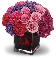 Amethyst Enchantment and Pink Hydrangea Cube with pink roses and lavender statice for State College anniversary and romance delivery