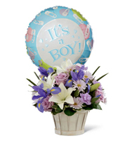 Azure and Lavender Meadow Basket with blue iris and lavender roses for State College new baby and graduation delivery