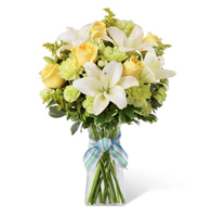 Azure Skies and Sunshine Arrangement with yellow roses and white lilies for State College new baby and graduation delivery