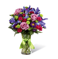 Azure & Violet Harmony Floral Arrangement with blue iris and lavender roses for State College graduation and birthday delivery