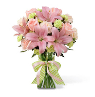 Blushing Petals and Peach Arrangement with pink roses and lilies for State College new baby and graduation delivery