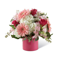 Blushing Velvet and Hydrangea Vase with hot pink roses and white hydrangeas for State College graduation and new baby delivery