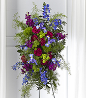 Celestial Wildflower Standing Tribute spray with iris and delphinium for State College funeral and sympathy delivery