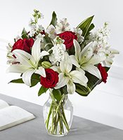 Crimson & Cloud Memorial Arrangement with red roses and white lilies for State College sympathy and funeral delivery