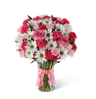 Fuchsia & Frost Garden Arrangement with fuchsia spray roses and white daisies for State College anniversary and graduation delivery