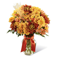 Harvest Gold and Peruvian Lily Meadow with orange lilies and bronze mums for State College graduation and thinking-of-you delivery