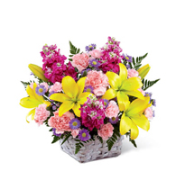 Lavender Fields and Sunbeam Basket with pink roses and yellow lilies for State College graduation and thinking-of-you delivery