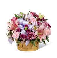 Lavender and Rosewood Garden Basket with lavender roses and pink lilies for State College new baby and graduation delivery