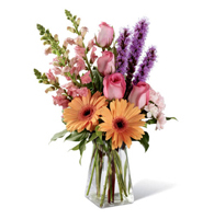 Peach Blossom & Petals Garden Bouquet with peach gerbera daisies and pink roses for State College graduation and thinking-of-you delivery