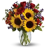 Radiant Smile and Sunflower Artisan Vase with red roses and lavender asters for State College birthday and thinking-of-you delivery