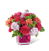 Raspberry Radiance & Rose Arrangement with orange roses and hot pink carnations for State College graduation and thinking-of-you delivery