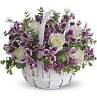 Serene Grace Basket Arrangement with white roses and purple alstroemeria for State College sympathy and funeral delivery