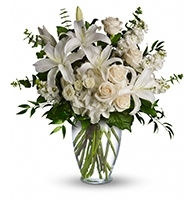 Serenity and Peach Blossom Arrangement with white hydrangeas and peach roses for State College sympathy and graduation delivery