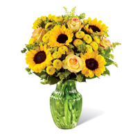 Solar Flare Artisan Sunflower Vase with mini sunflowers and yellow roses for State College birthday and thank-you delivery