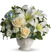 Soothing Skies Memorial Arrangement with blue hydrangea and white roses for State College sympathy and funeral delivery