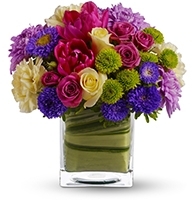 Spring Serendipity & Tulip Cube with yellow roses and hot pink tulips for State College graduation and Mothers Day delivery